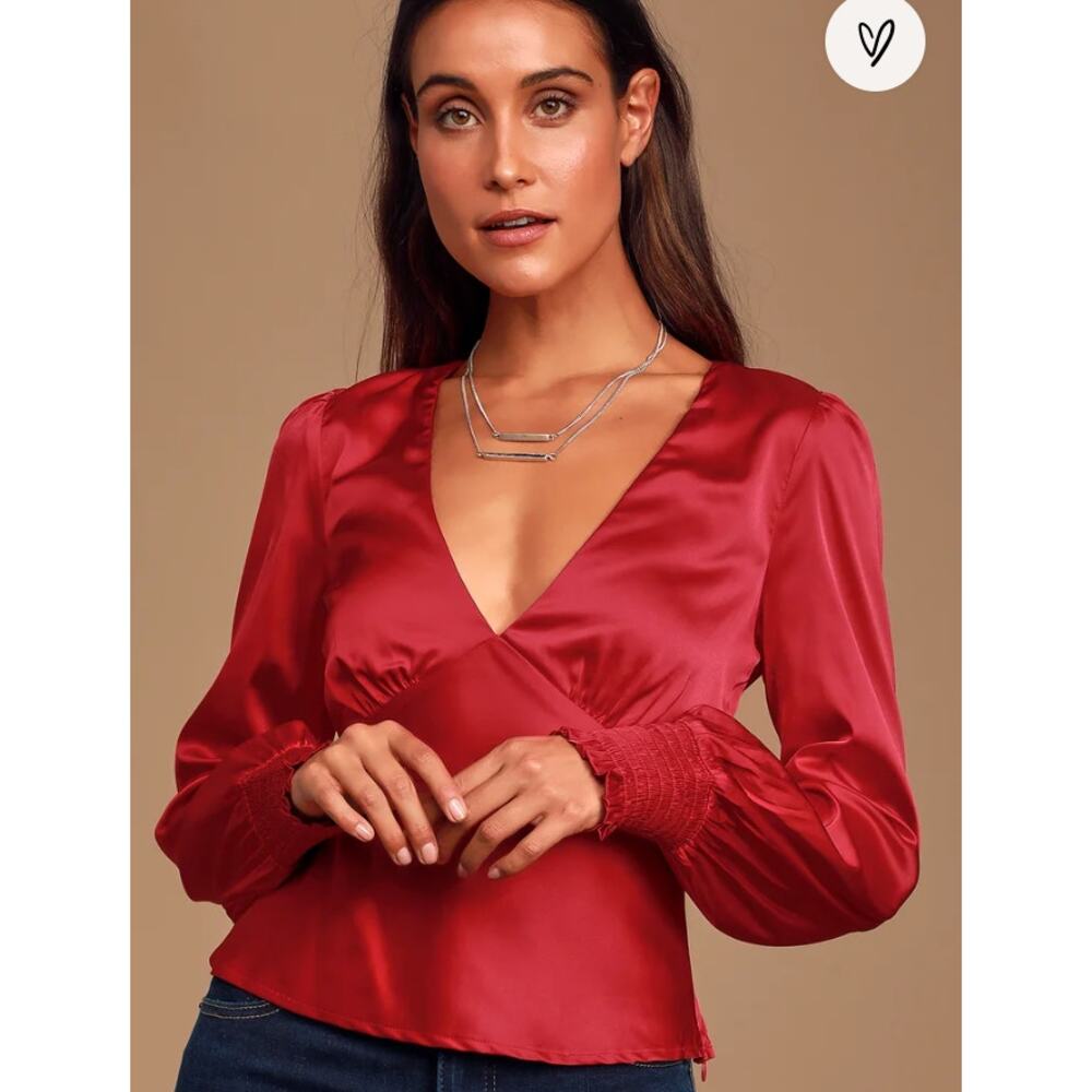 Lulus Head Held High Brick Red Satin Long Sleeve Top Sexy Blouse L